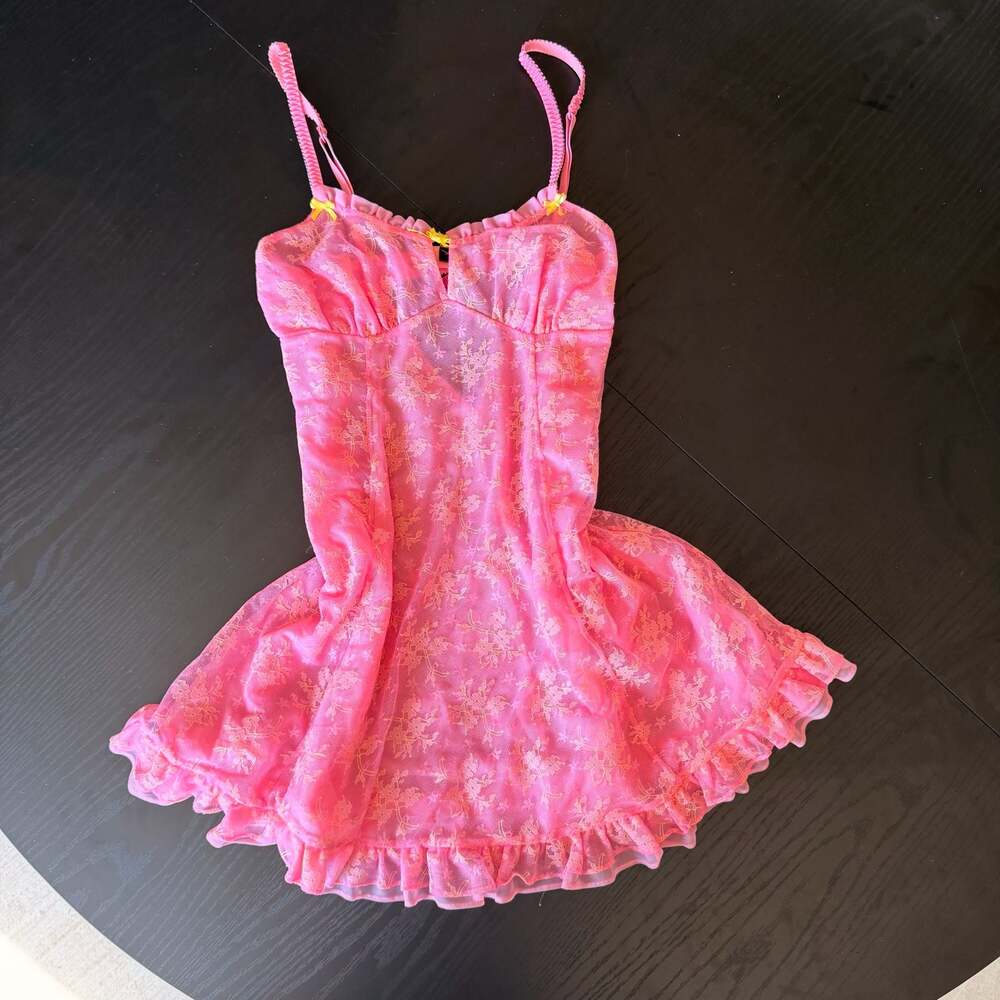 Betsey Johnson Intimates Pink Floral Lace Ruffled Babydoll Slip Dress